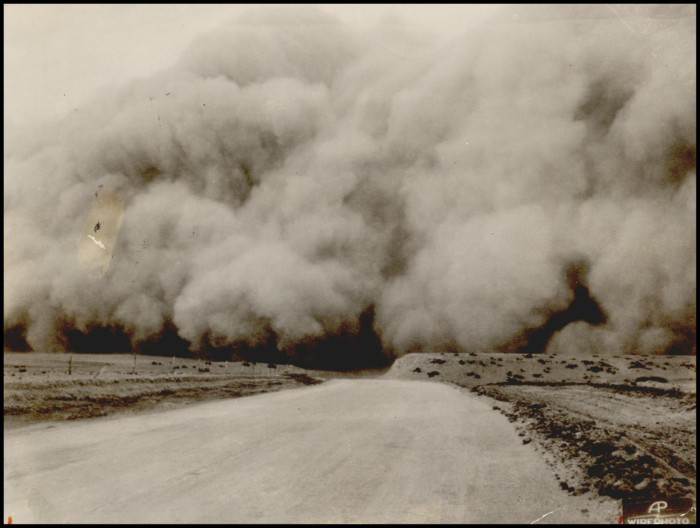 “The blackest and worst of the many Dust Storms of recent weeks brought in 	on the rolling cloud that bore down on the Oklahoma panhandle and neighboring states 	late Sunday afternoon,” Daily Oklahoman, April 15, 1935. 