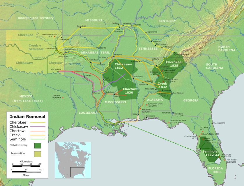 Map showing the Cherokee Trail of Tears and other forced relocation marches.