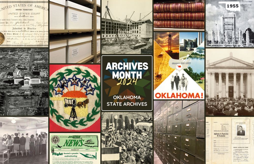 A collage of Oklahoma Archives images, center says Archives Month